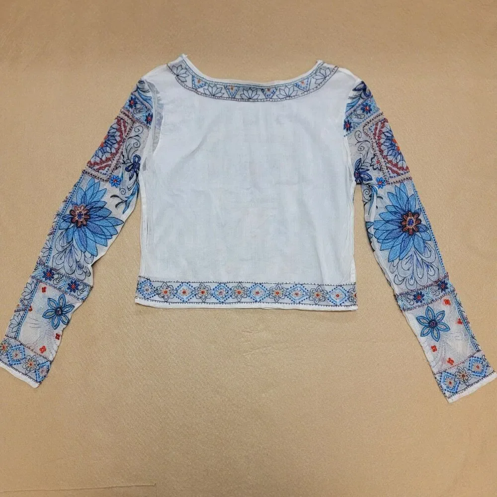 Zara Boho Hippie Women's Small Shirt White Blue Beaded Cropped Sheer Back Blouse